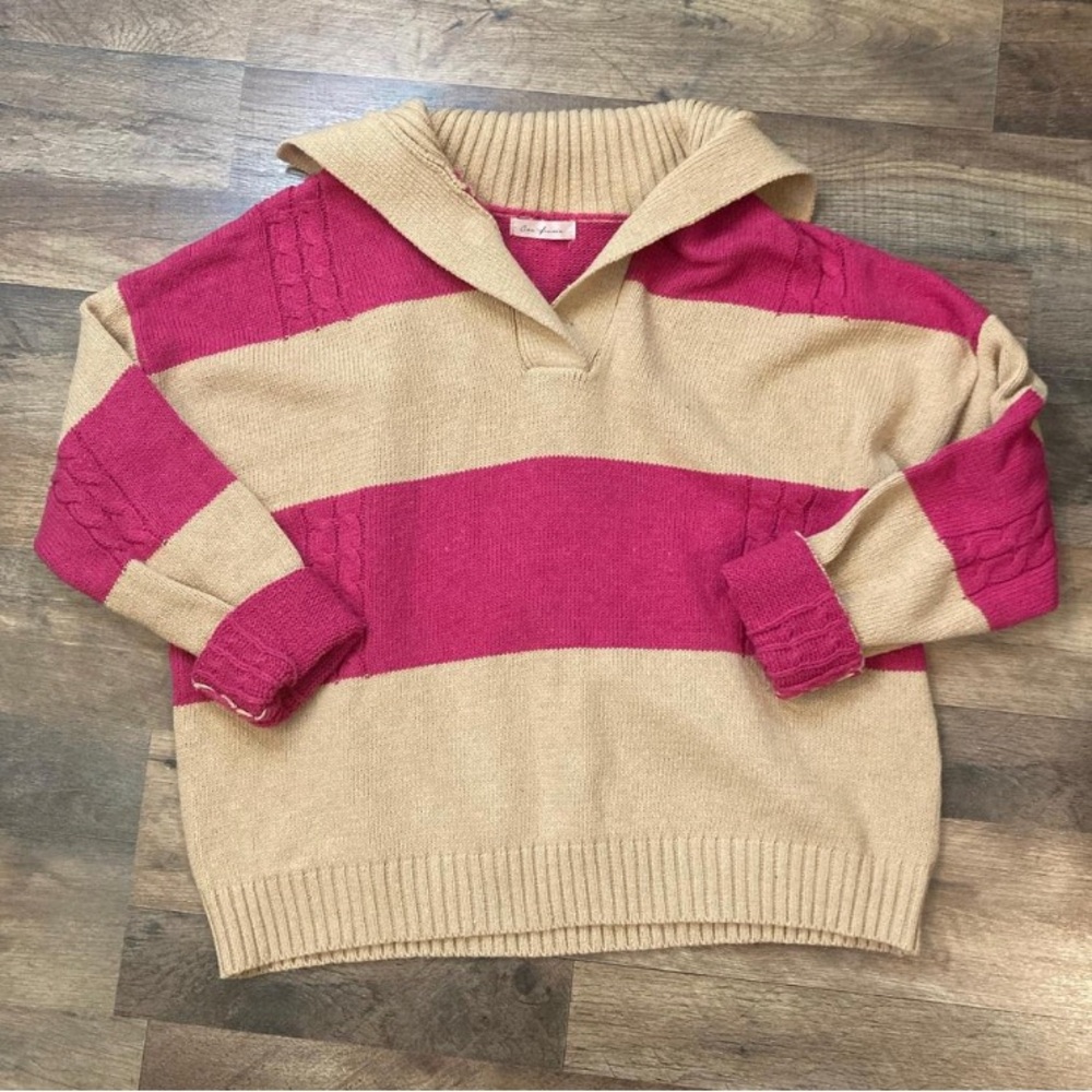 Ces Femme V-Neck Sweater in Pink and Tan Stripes